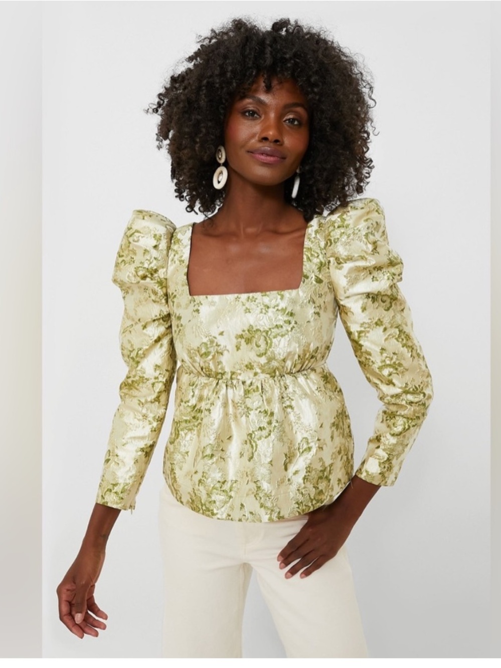 Hyacinth House Top Shirt Blouse XL Tuckernuck Puff Sleeve Green Jacquard Tulle